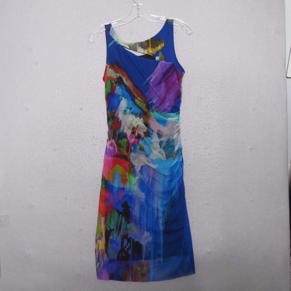 Elana Kattan Dress Watercolor Ruched Mesh Cut Out Bodycon Y2K 90s Artsy‎ USA